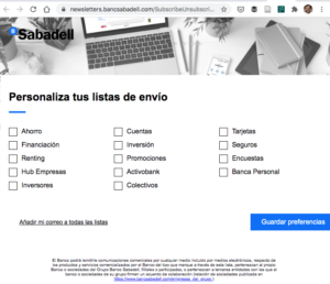 Web gestión suscripción listas emails Banco Sabadell