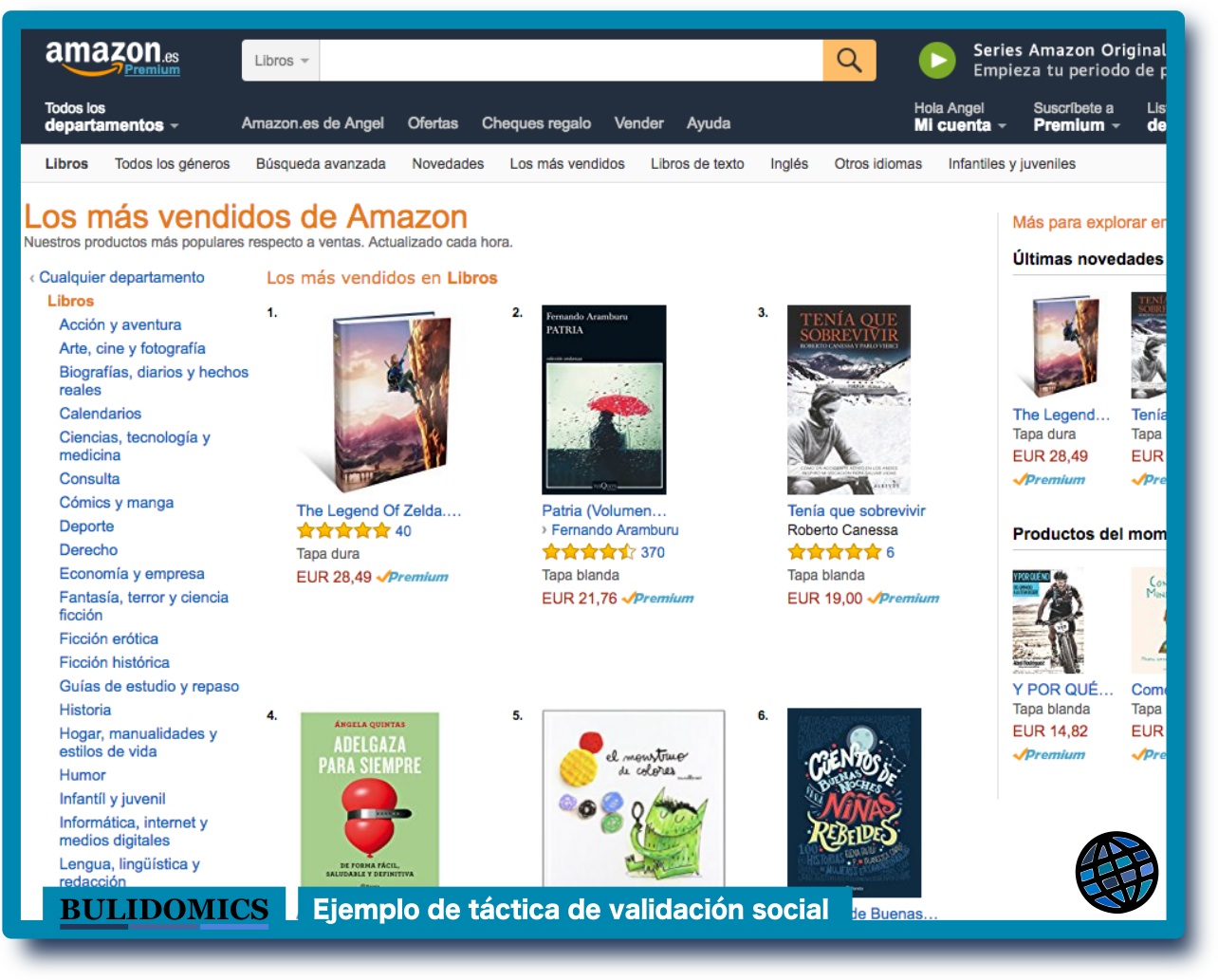 Pantallazo de la lista de libros más vendidos en Amazon. Este es un ejemplo del principio de validación social, con la táctica «lo que hace la mayoría». Captura realizada el 30 de marzo de 2017 en la web de amazon www.amazon.es