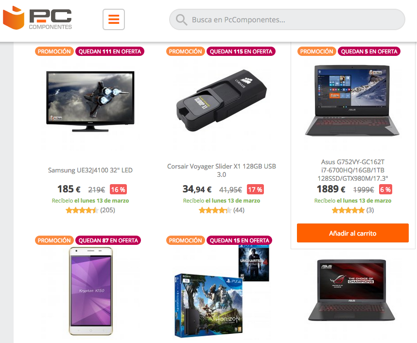 Ejemplo de la web de PC Componentes donde muestra las unidades que quedan a un determinado precio promocional. Imagen tomada el 10 de Marzo de 2017 de la web www.pccomponentes.com